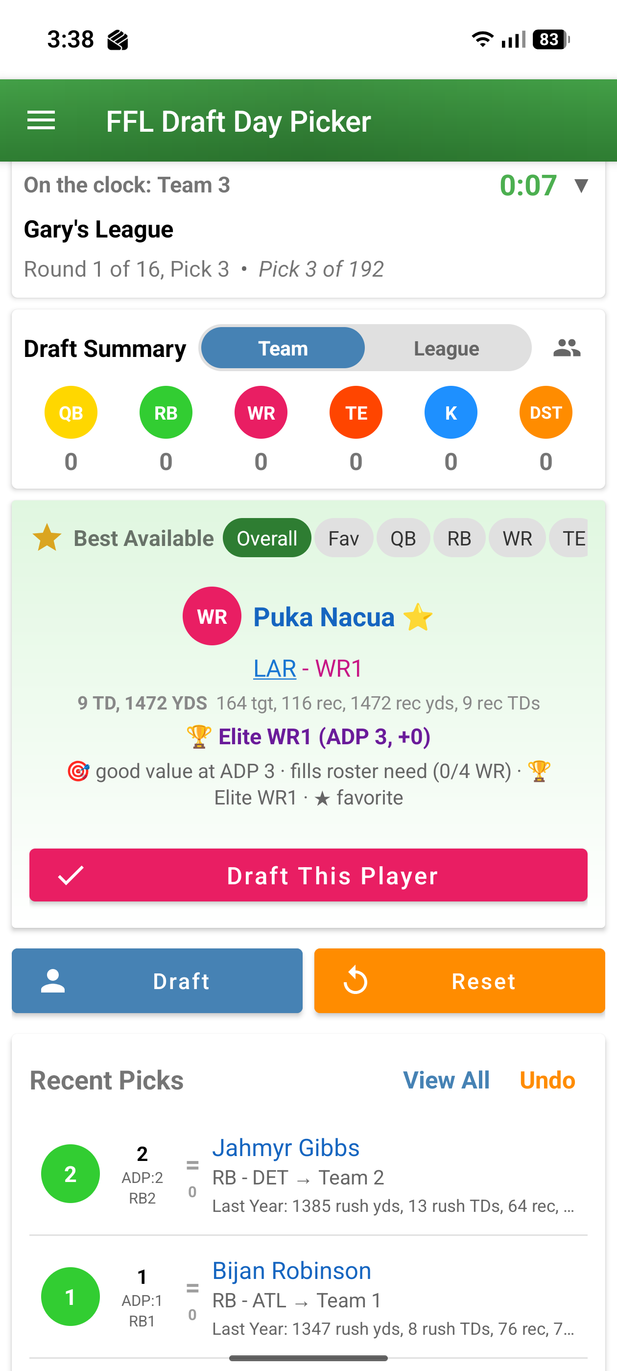 Fantasy football draft advisor showing AI-powered pick recommendations
