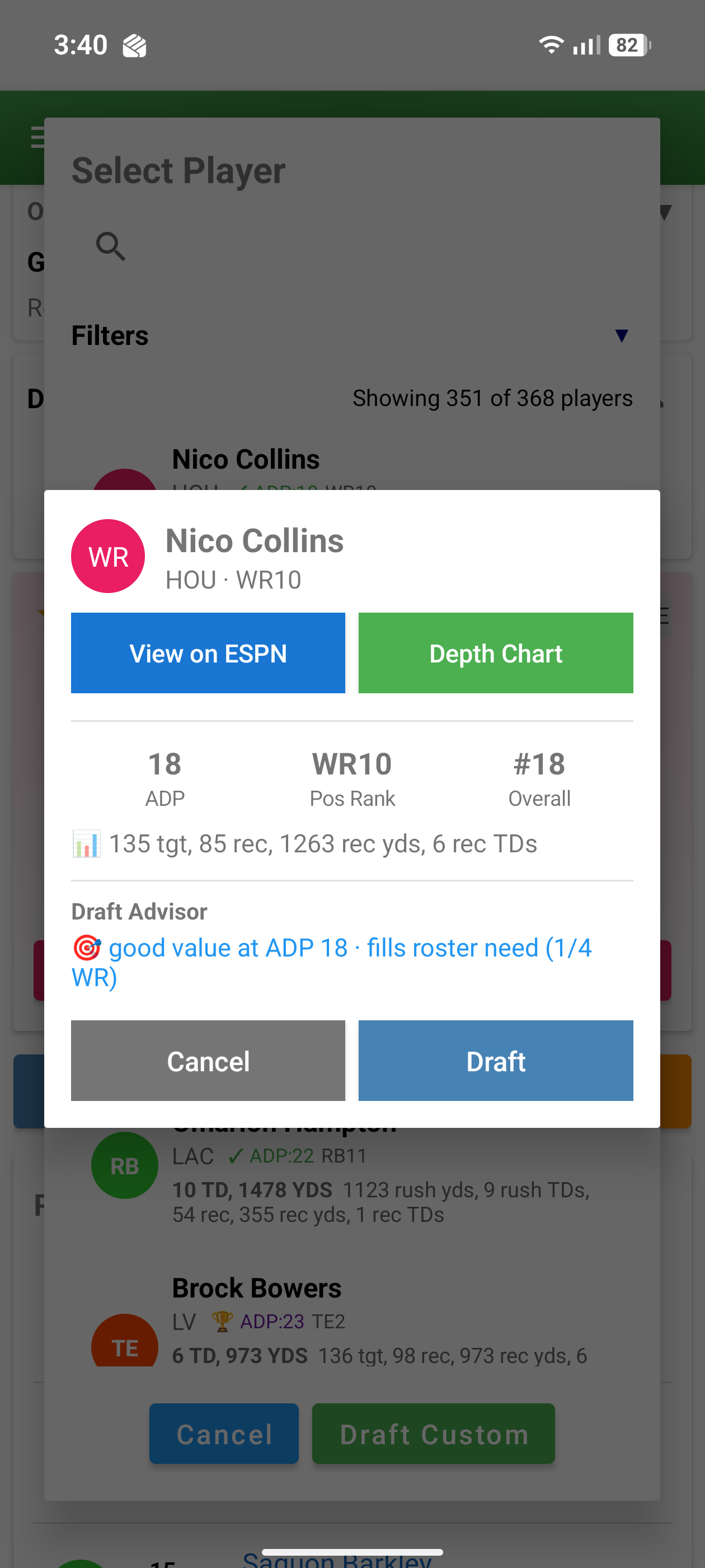 Fantasy football player detail card with stats and ADP rankings
