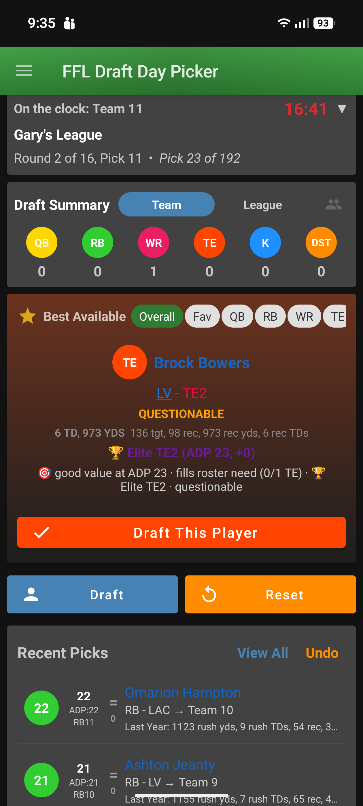 Fantasy football draft app dark mode interface